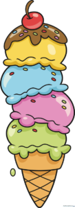 A colorful, multi-scoop ice cream tower illustration.