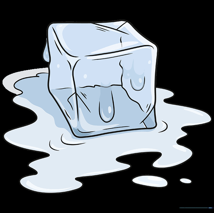 A finished, colored drawing of a melting ice cube with blue highlights.