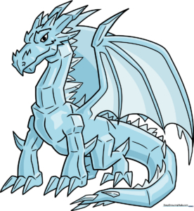 A vibrant, finished illustration of a cartoon ice dragon with icy blue scales.