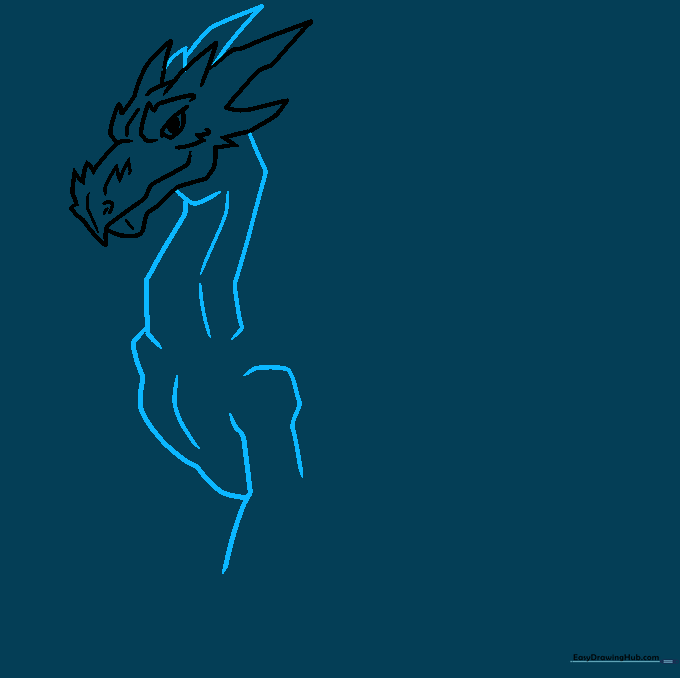 Sketching the dragon's neck and adding sharp, pointed horns to the top of the head.
