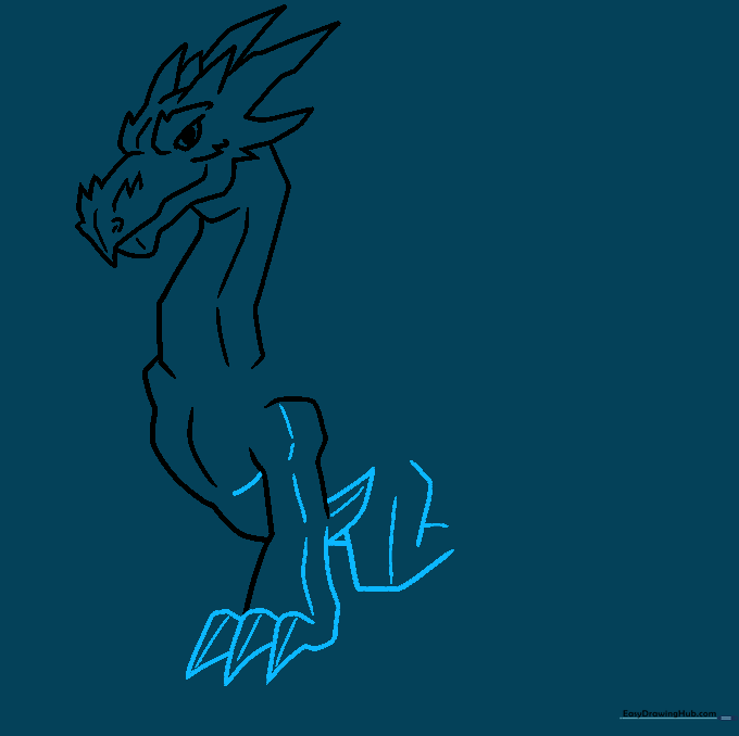 Drawing the dragon's legs with blocky, muscular shapes and triangular claws.