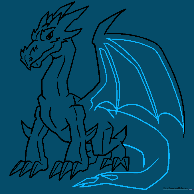 Drawing the wing membranes and the long, spiked tail of the ice dragon.