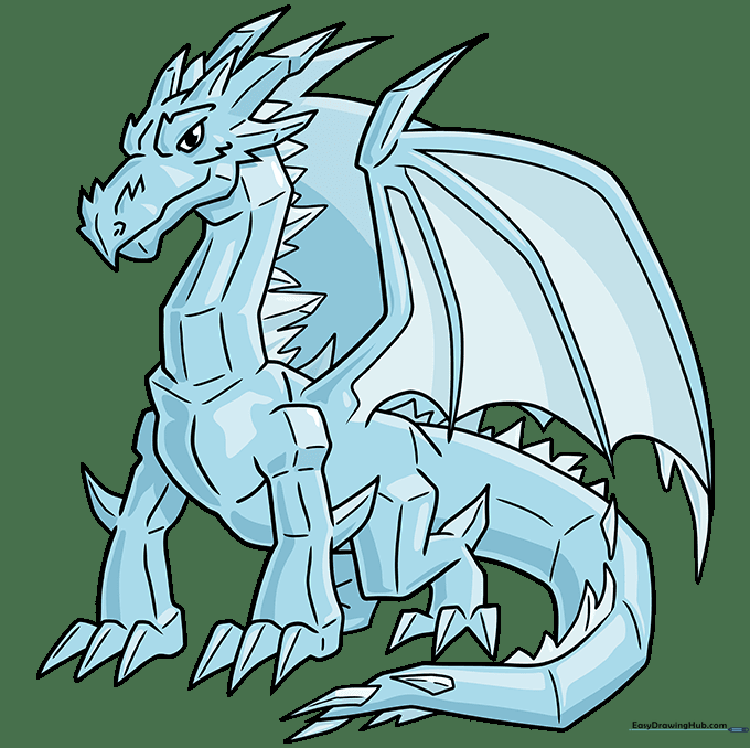 A fully colored ice dragon drawing with shades of blue and white.