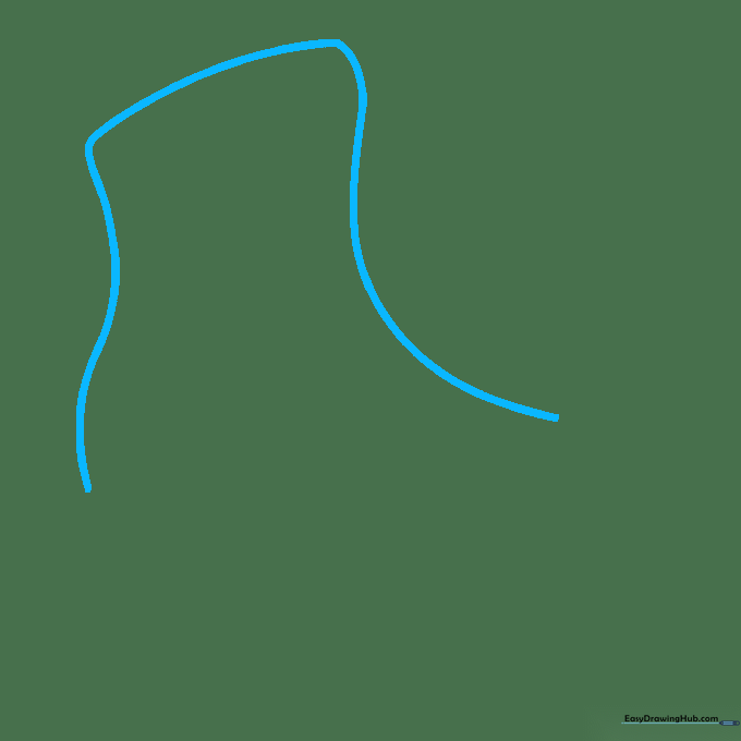 Pencil sketch showing the initial long, curved line defining the top of an ice skate boot.