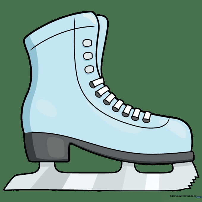 A fully colored, finished ice skate drawing with shading on the boot and metallic blade.