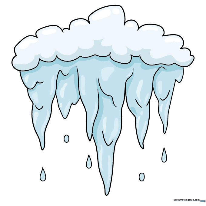 Finished icicle drawing colored with shades of blue and white.