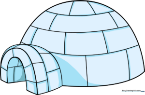 A colorful, finished illustration of a winter igloo set against a snowy background.