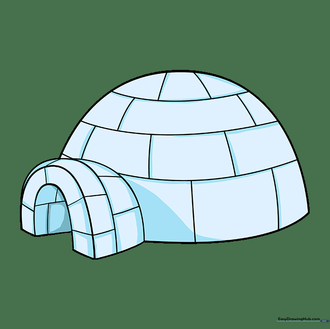 The finished igloo drawing, colored with soft blue shadows to create a 3D effect.