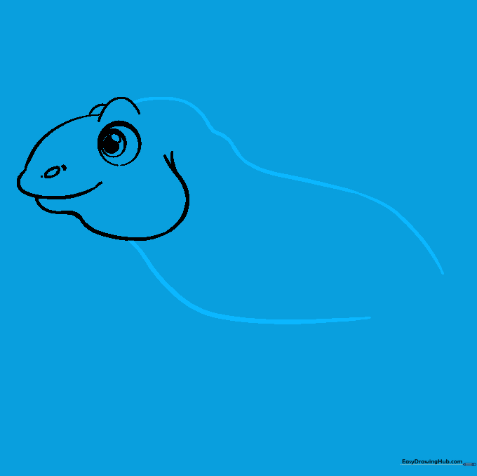 Outlining the iguana's torso using long, fluid curved lines.