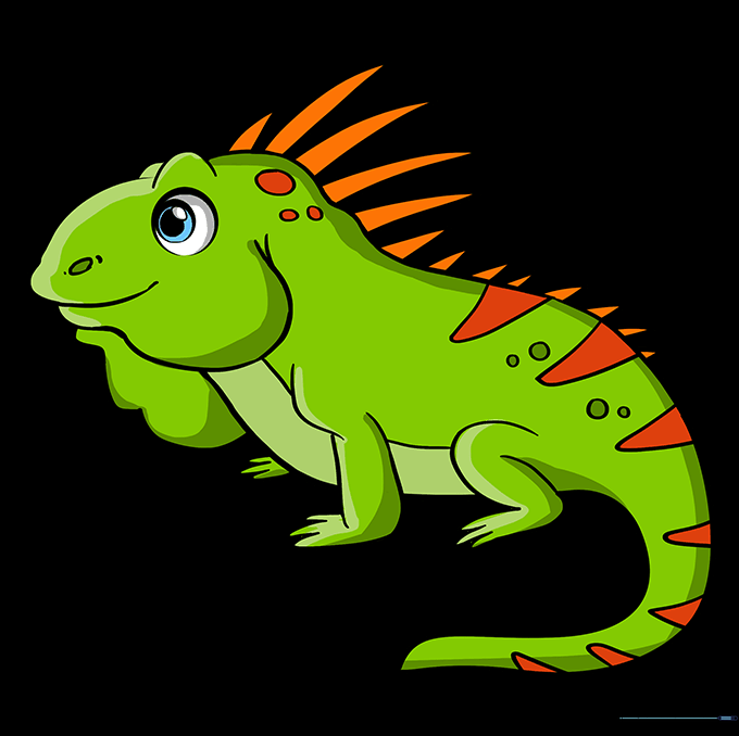 A finished, colored iguana drawing with vibrant green scales.