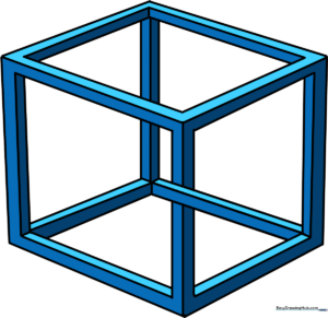 A vibrant, finished impossible cube drawing showcasing the completed optical illusion.