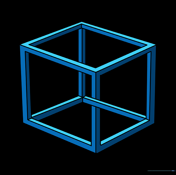 A finished, colored impossible cube with shading to enhance the optical illusion.