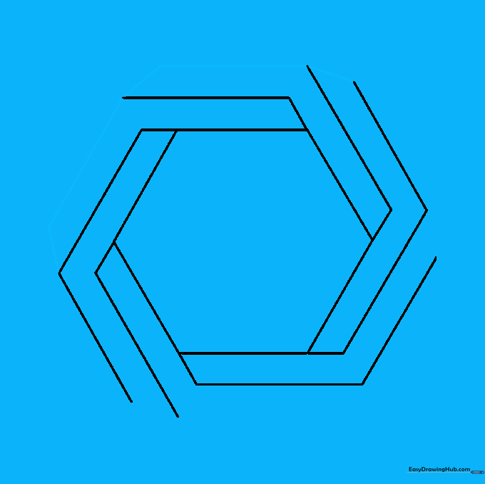 Connecting the outer edges to define the shape of the impossible hexagon.