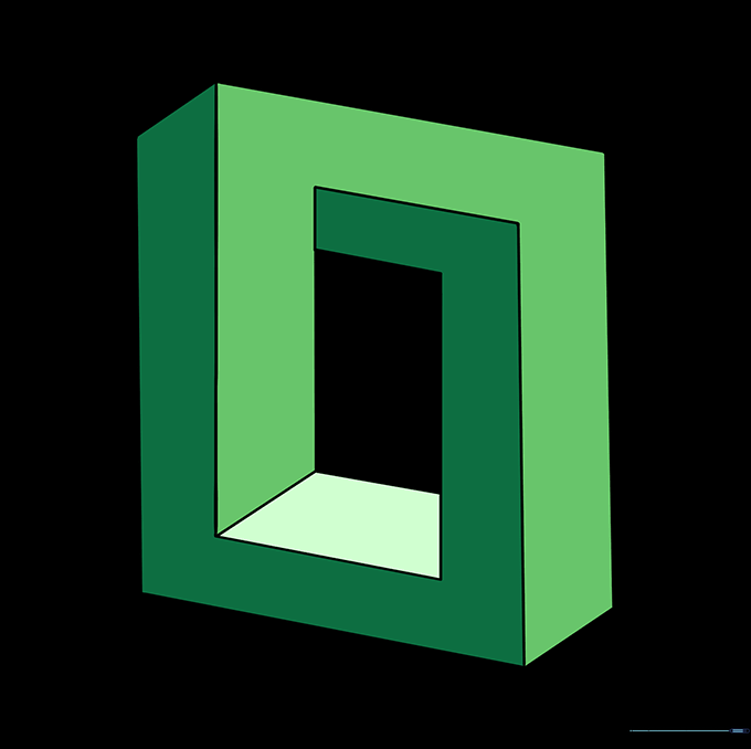 A finished, colored impossible square drawing showing the completed optical illusion.