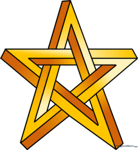 A colorful, finished impossible star drawing showing depth and 3D perspective.