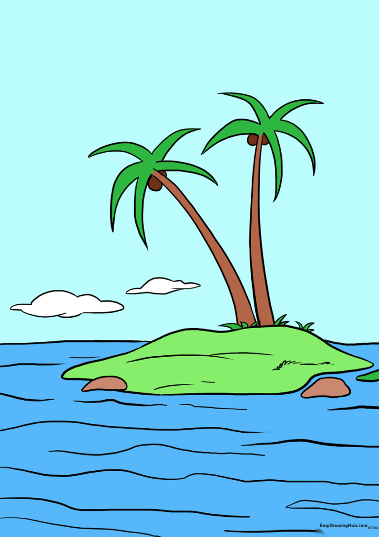 A colorful, finished tropical island drawing with palm trees and ocean waves.