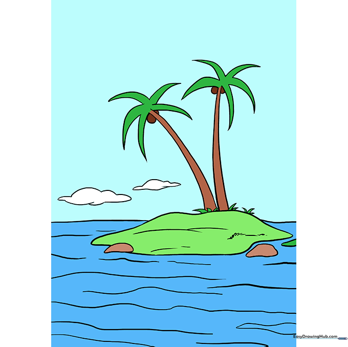 The finished, colored tropical island drawing.