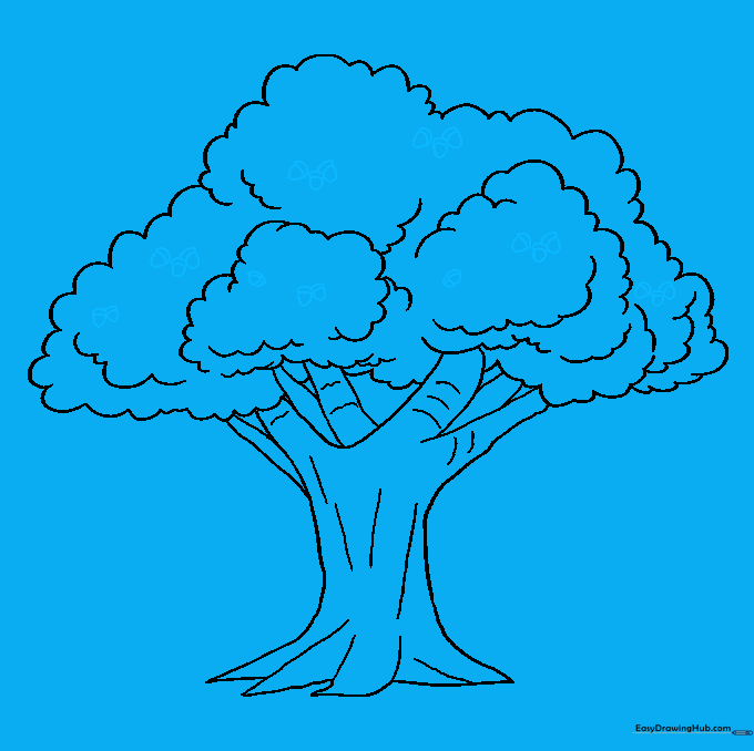Adding small acorn details hanging from the tree branches.