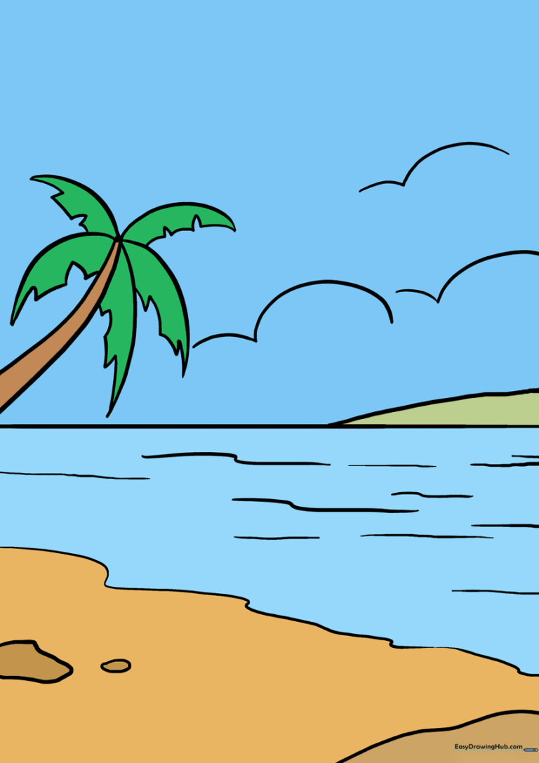 A vibrant, completed drawing of a tropical ocean scene with a palm tree and island.