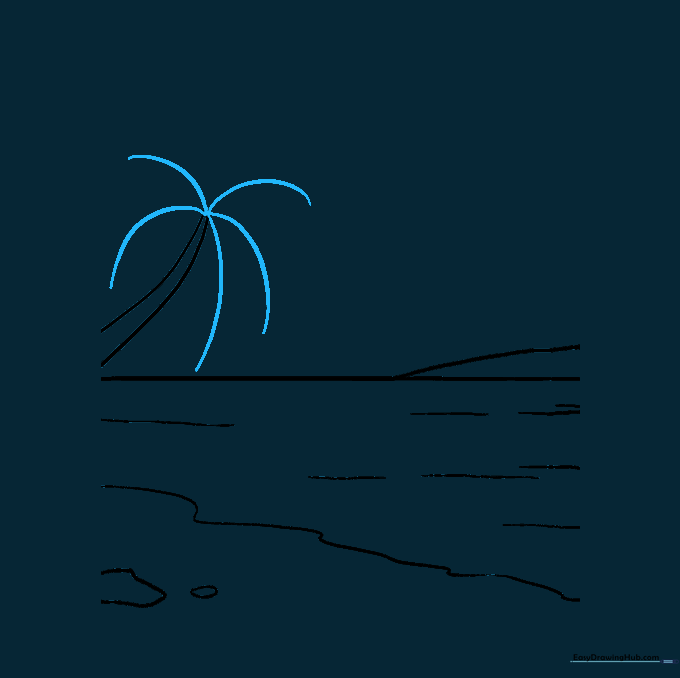 Five curved lines radiating from the top of the tree trunk to serve as guidelines for palm leaves.