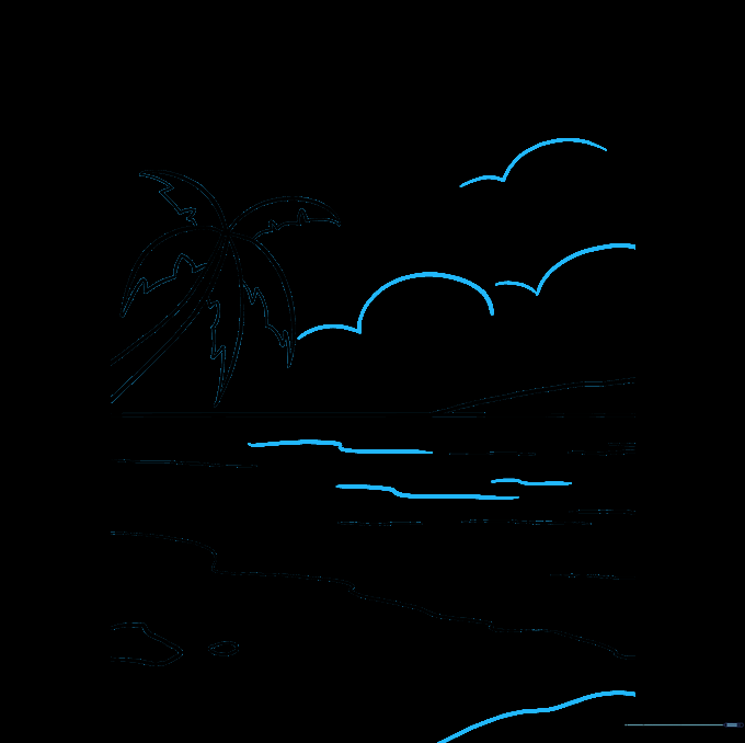 Final sketch details including fluffy clouds in the sky and additional water ripples.