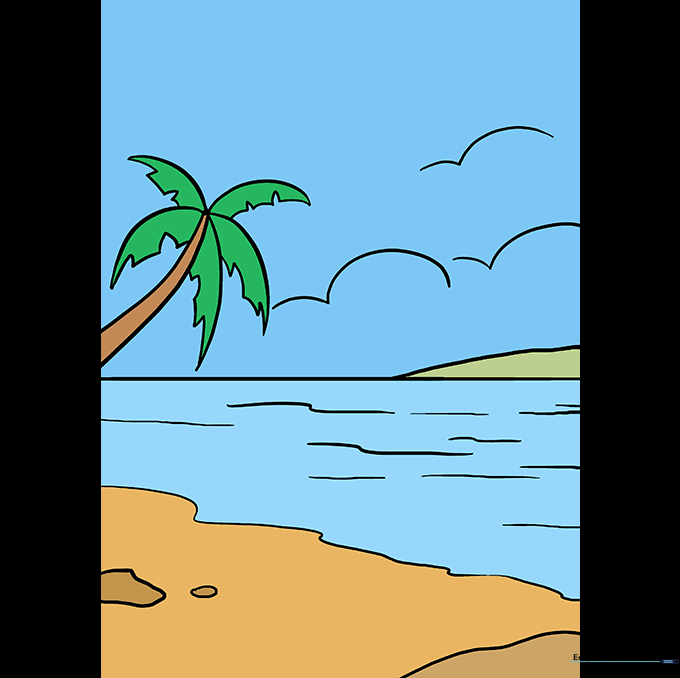 A fully colored tropical island scene with blue ocean, green palm tree, and sandy beach.