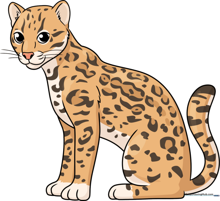 A vibrant, finished drawing of a cute ocelot, showcasing the final result of the tutorial.