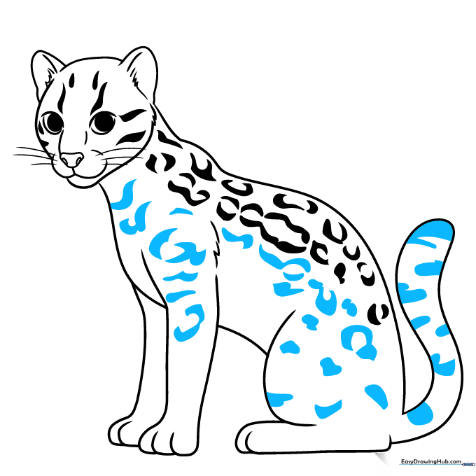 Adding more spots to the ocelot's legs, body, and banded tail.