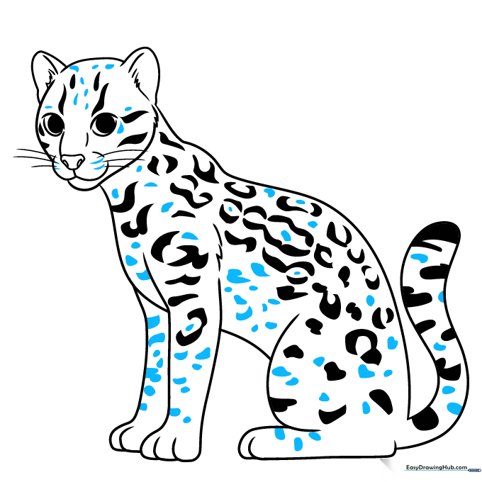 Finalizing the ocelot drawing by adding small spots across the head and body.