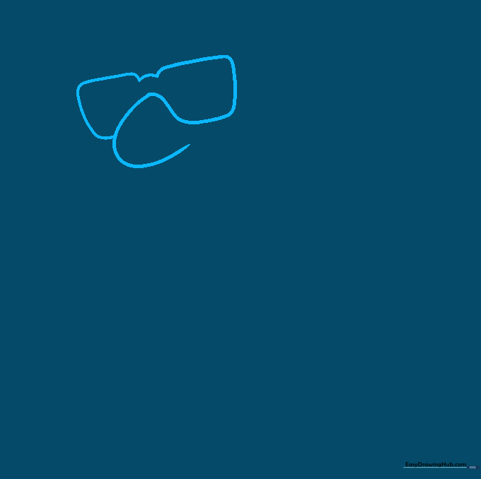 Pencil sketch showing a cartoon nose and the frames of glasses.