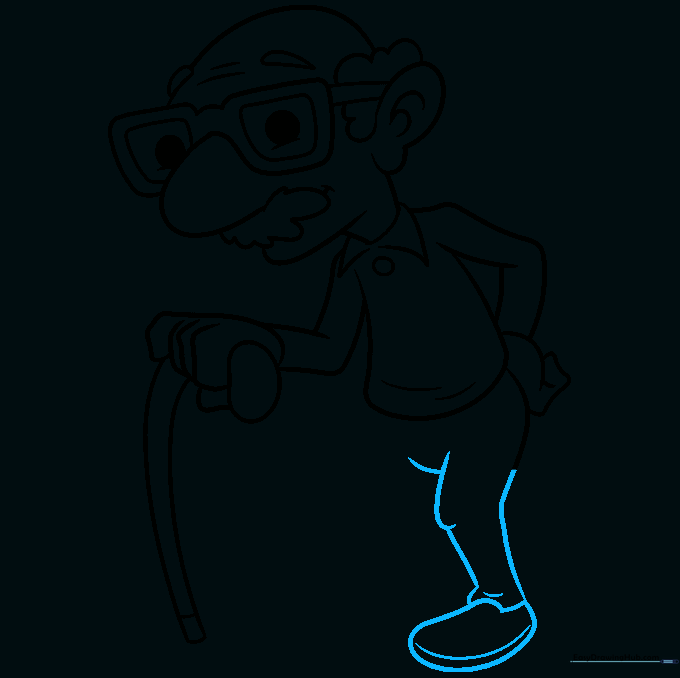 Drawing the first pant leg and shoe.