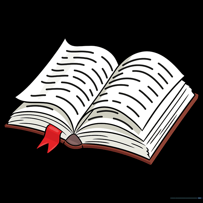 The completed open book drawing, fully colored and detailed.