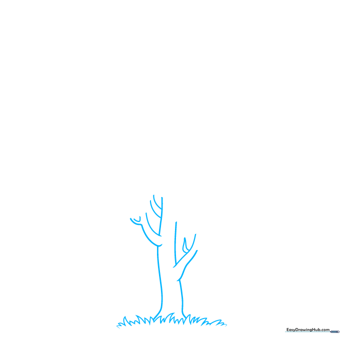 Pencil sketch showing the base of an orange tree trunk and jagged grass lines.