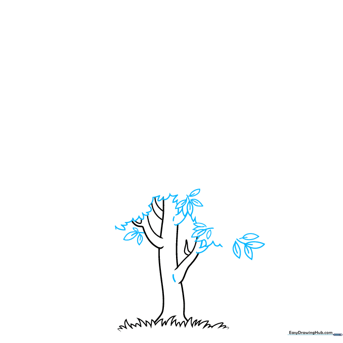 Drawing the initial cloud-like canopy shape and detailed leaves with central veins.