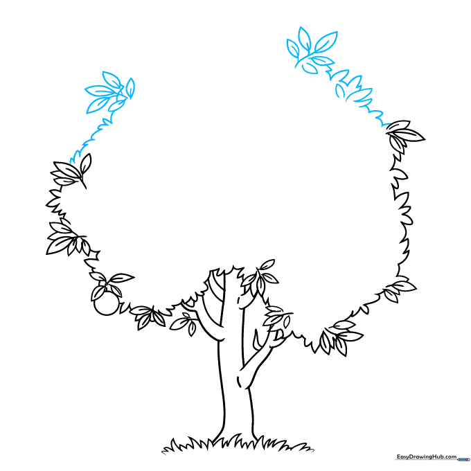 Adding more leafy clusters to the right side to balance the tree canopy.