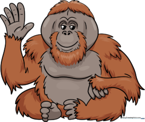 A friendly, cartoon-style orangutan sitting in a jungle setting, fully colored.
