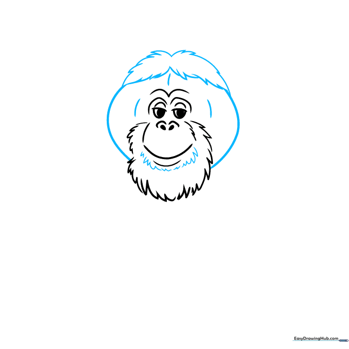 Drawing the orangutan's signature mustache and beard using jagged lines.