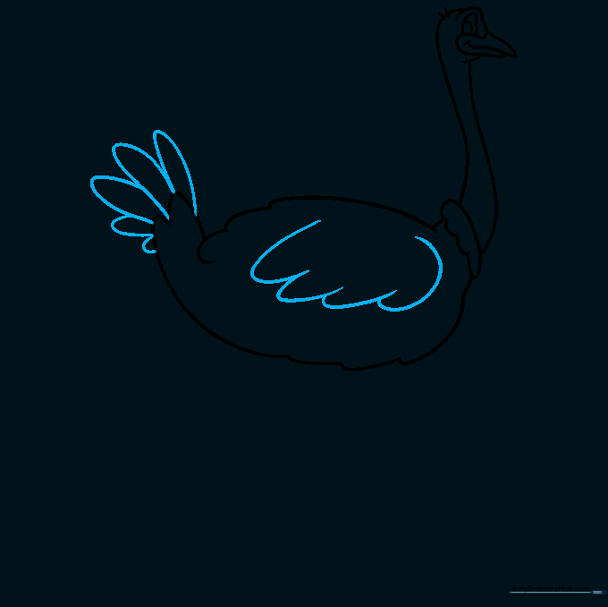 Drawing layered U-shaped feathers on the tail and wing.