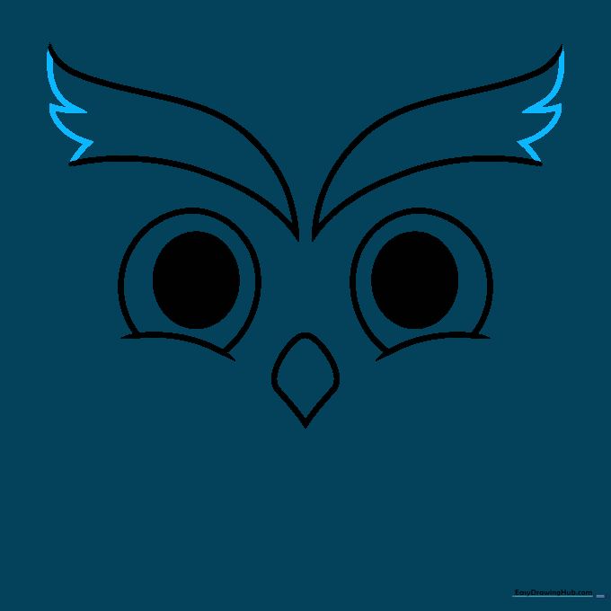 Adding triangular feather details around the owl's eyes and beak.