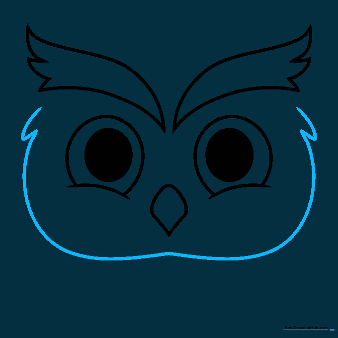 Drawing curved eyebrow ridges above the owl's eyes.