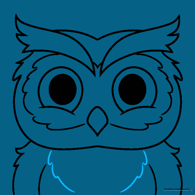 Completed line art of a cartoon owl face.