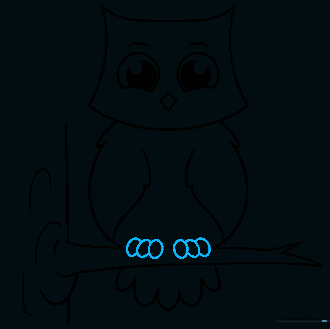 Owl feet drawn as rounded shapes gripping the branch.