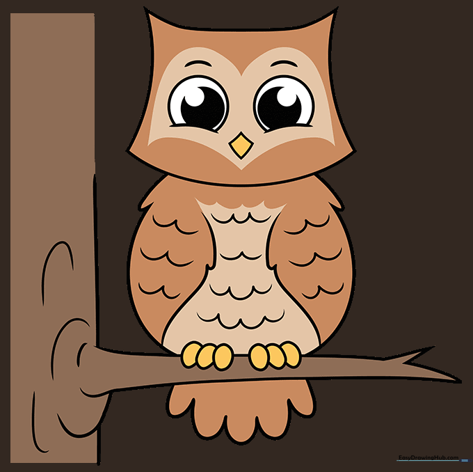 A fully colored cartoon owl sitting on a branch.