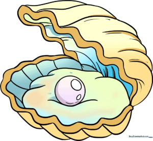 A completed, colorful drawing of an oyster revealing a glowing pearl, perfect for kids.