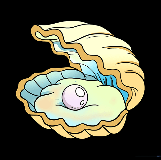 Final colored drawing of an oyster with a shiny pearl inside.