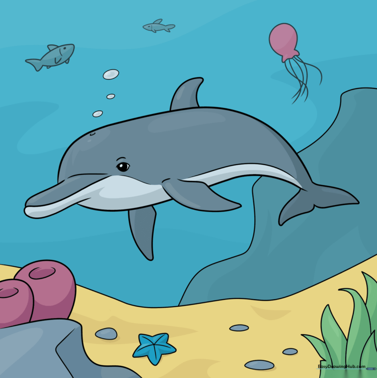 A friendly cartoon dolphin swimming in a colorful underwater scene with fish and coral.