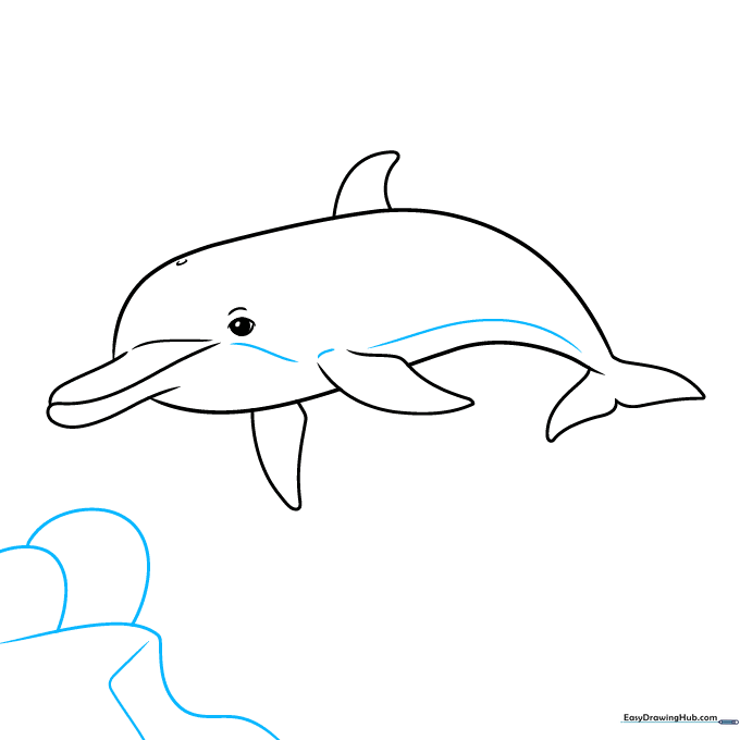 Dolphin drawing with added rocky seafloor and sponge shapes at the bottom.