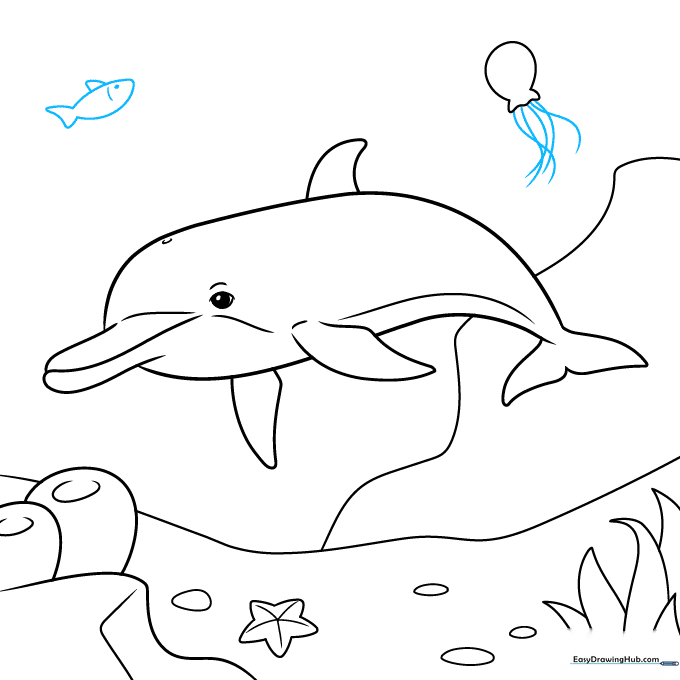 Drawing showing the addition of jellyfish tentacles and a small fish.