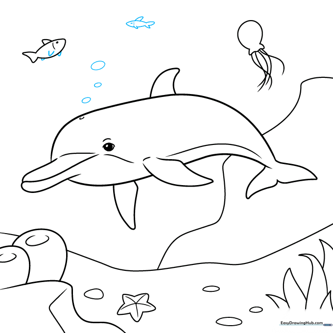 Final line art of the underwater scene including bubbles and additional fish.