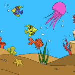 Colorful and complete underwater scene illustration showing fish, coral, and sea life.